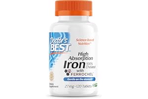 ‎DOCTOR'S BEST Doctor's Best High Absorption Iron (Eisenbisglycinat), 27mg, 120 vegane Tabletten, Laborgeprüft, Glutenfrei, Sojafrei, Vegetarisch, ohne Gentechnik