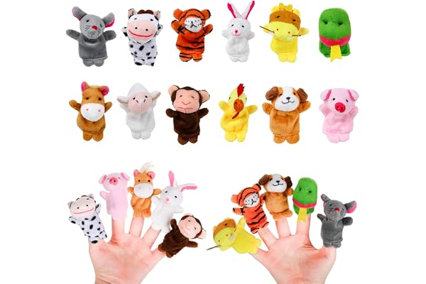 Gukasxi Lot de 12 mini marionnettes à doigts en peluche, 12 styles de dessin animé, petites figurines d'animaux, marionnettes à doigts pour bébé, sac de fête