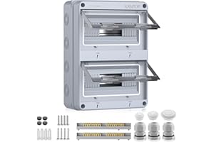 Kamtop Caja de Distribución de Pared IP65, Caja de Fusibles 2 Filas 24 Módulos, Pequeña Caja Eléctrica con 5 Terminales y 7 Conectores para Exteriores, Jardín, Granja, Taller