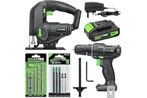GALAX PRO Cordless Power Tool Kit, 20N.m Single Speed Drill Driver 20V, Cordless Pendulum Jig Saw 0-2500SPM, Battery Pack 1,3Ah with Charger, 5PCS Drill Bits, 8PCS T-Saw Blades, Hex Key, Rip Guide