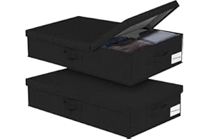 JUPELI 2 Stück Faltbarer Unterbett Aufbewahrungsbox Schwarz, 15cm Hoch Unter Bett Aufbewahrungskisten Flach, Unterbettkommode Stabil mit Deckel und Griff Für Decken, Kleidung, Steppdecken, Spielzeug