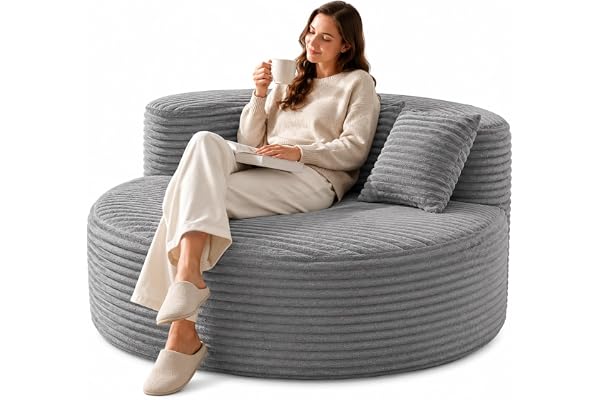 LZLUCKCOME Rund Enkelfåtölj 110 cm, Cord-Loungestol med 2 Kuddar (Grå) | Lazy soffa relaxfåtölj utan montering, bekväm sovstol med djup sits för vardagsrum, sovrum och kontor