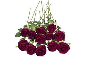 Woltoy 12 Pcs Dark Red Artificial Velvet Roses, Real Touch Fake Rose with Single Long Stem, Artificial Flowers for Home, Garden, Party, Wedding Bouquet, Office Decorations