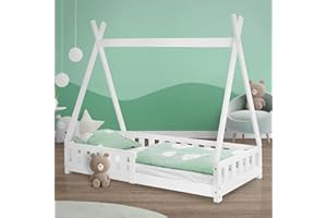 ML DESIGN MODERN LIVING ML-Design Letto a Terra per Bambini Design Tipi 80 x 160 cm Bianco, Struttura in Legno di Pino Massiccio, con Sponde Protezione Anticaduta, Lettino Tenda Indiana, Giroletto Montessori per Ragazzi