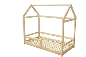 ACMA Kinderbett Kinderhaus Kinder Bett Holz Haus Schlafen Spielbett Hausbett 2 - Massivholz (Natural Massivholz, 90 x 200 cm)