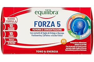 Equilibra Integratori Alimentari, Forza 5, Integratore con Estratti di Foglie Ginkgo e Bacopa, Fosfoserina, Caffeina e Acido Folico, Gusto Cola, con Succo Concentrato di Mirtillo, 10 Flaconcini