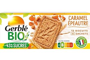 Gerblé Bio, Sablés bio saveur Epeautre Caramel, Allégés en sucres, Sans huile de palme, 1 Paquet de 12 Biscuits, 132g, 216752