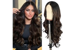 SOMIARIK Chocolate Brown Long Wavy Lace Front Wig, 13x4 Synthetic Lace Front Wig for Women Pre plucked Bleached Knots With Baby Hair Heat Resistant Fiber Hair Highlight Wigs Party Daily 26 Inches