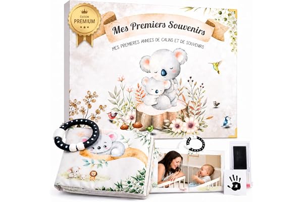 Livre de Naissance – Kit Cadeau Bébé Complet avec Album Tissu Sensoriel & Anneau de Dentition, Autocollants pour Photos, Stylo et Encreurs Empreintes – Coffret Naissance Fille et Garçon (0–5 Ans)