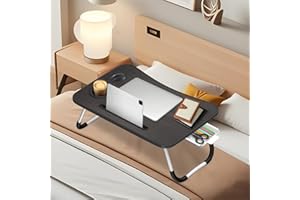 Ferghana Table de Lit Pliable avec Porte - Plateau Multifonctionnel Léger 60x40x28cm, pour Ordinateur Portable,Lit,Canapé (Emplacement pour Carte + Porte-gobelet + tiroir, Noir)