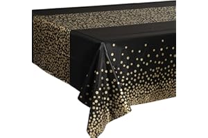 YIRAN 1 Pezzi Tovaglia da Festa Nera e Oro Usa e Getta per Tavolo Rettangolare, Copritavolo con Coriandoli a Pois Dorati per Feste di Laurea, Compleanno, Cocktail Party, 137 cm x 274 cm