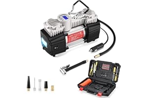 GSPSCN Compresseur d'Air Portatif Heavy Duty Gonfleur Pneus Voiture numérique à double cylindre 12V portable Gonflage Digital Pompe à pneu avec kit de réparation de pneu pour auto, SUV, tout-terrain