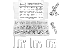 FandWay 900Pcs Bolts and Nuts Set,M2 M2.5 M3 Hex Socket Cap Head Machine Screws,DIN912 Allen Screws,304 Stainless Steel Hex Bolts and Washers Set Fully Threaded With 3 Allen Key.