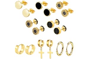 Epoch World 8 Pares Acero Inoxidable Pendientes de Aro Hombre Pendientes Mujer Dorados Cruz Pendientes Colgantes Pendientes Boton Hombre Mujer Pendientes Oro Aretes Redondo Pendientes Oreja Pequeños