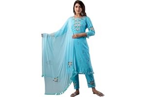 JG JAI GOVINDAM JG Rayon besticktes Kurta und Hose, Set mit Dupatta Salwar-Anzug, Kameez, 3/4-Ärmel, fertig konfektioniert, Freizeitkleidung, Partykleidung