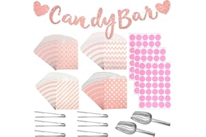 FIHODONE 112 Stück Candy Bar Zubehör,Enthält 100 Stück Candy Bar Tüten und 6 Zuckerzange,2 Eisschaufel und 3 Blätter Stickers und 1 Rosa Deko,Candybar Zubehör Set für Hochzeit Geburtstage Party