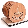 Wooden Coaster Set of 6 with Stand Help Prevent Rings or Stains on Furniture Caused by Spills Dining Table Decorative Items for Coffee Tea Cups Glasses Gift Ideas Friends 9.5 x 9.5 cm