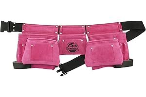 Graintex DS1118 8 Pocket Pink Tool Belt in Suede Leather with 2” Webbing Belt, 2 Leather Hammer Holders Loops