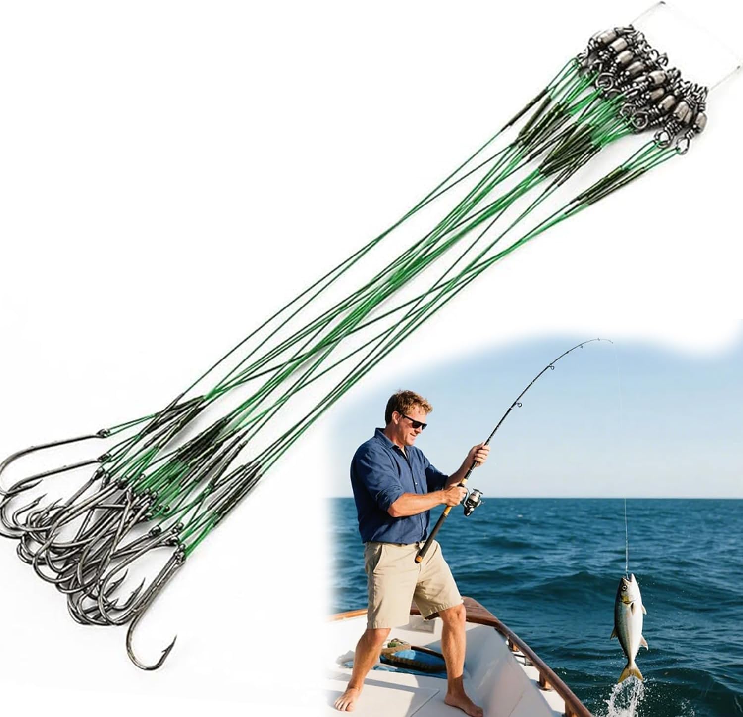 KIMHOME Anzuelos de pesca verdes de 20 cm con líder (prueba de 50 libras), paquete de 20 alambres resistentes a las mordeduras, acero al carbono resistente a la corrosión, afilados para lucio, peces