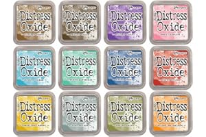 CRAFTELIER Kit de 12 Tintas de Fusión de Pigmento y Tinte con Tampón de Fieltro | Acabado Efecto Mate | Distress Oxide de Ranger - Diseñadas por Tim Holtz | Número de Kit 1 | Tamaño Aprox. 7,6 x 7,6 cm (3" x 3")