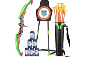 Doloowee Arco y Flecha para Niños con Luces LED, Juego de Tiro con Arco Incluye 1 Arco, 10 Flechas, 2 en 1 Diana con carcaj y 6 dianas de plástico de Juguete para niños y niñas