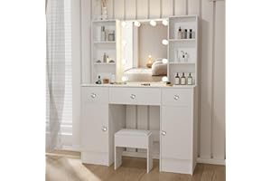 Umeiga Large Makeup Vanity with Lights, 39.4" W Vanity Desk with Mirror and Drawers for Makeup, Big Modern Vanity Table Set with Vanity Stool for Bedroom, White