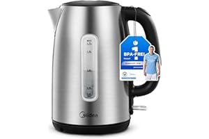 Midea Hervidor de Agua Eléctrico 1,7L, Acero Inoxidable Kettle Libre de BPA con Base 360°, 2200 W, Indicador del Nivel de Agua, indicador LED y Protección Contra