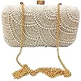 Fashion OVERSEAS Pearl Beaded formal party clutch with gold chain for women and girls