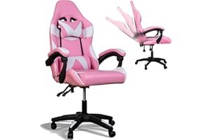 Gio Arreda Sedia da Gaming Reclinabile, Poltrona Ufficio girevole, con rotelle, ergonomica, poggiatesta e cuscino lombare, Portata: 125kg (Rosa & Bianco, Reclinabile)