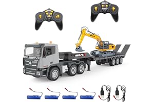 fisca RC Semi LKW und Bagger Spielzeug, 2.4Ghz Ferngesteuerter Pritschenwagen und Bagger Spielzeug, 1:24 RC Sattelzugmaschine mit Sound und Lichtern Geeignet für Baufahrzeuge für Jungen