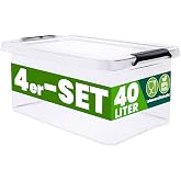 Deuba&reg; 4 x Storage Boxes Transparent Plastic 40L Stackable 22.8 x 15.4 x 26 | Home Storage, Toys, Clothes, Handles, Click-Clo