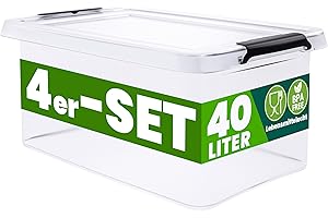 Deuba® 4x Cajas Almacenaje Apilable 40L Contenedor Transparente Orden Almacenamiento Organizador Libre BPA Juguetes Libros Ropa Mantas Alimentos