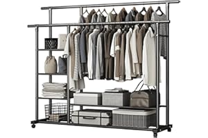 GLQ - Appendiabiti da terra,stand appendiabiti,Scaffale portaoggetti a sei ripiani con due aste appendiabiti,appendiabiti con ruote (Nero)