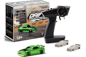 FLYCOLOR Turbo Racing Samochód zdalnie sterowany do driftu w skali 1:76 z żyroskopem Mini, w pełni proporcjonalnym pilotem RTR 2,4 GHz z 2 wymiennymi obudowami nadwozia (C64-zielony)