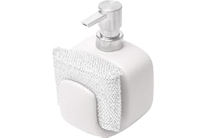 Baroni Home - Accesorios para el baño - Linea Modern - Dispensador de jabón líquido para baño o Cocina con Porta-Esponja - Color Blanco - Medidas 10 x 9,5 x 15 cm