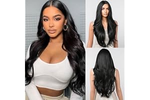 ‎TESTAR testar Lange Schwarze Gewellte Perücken Für Frauen 26 Zoll Mittelteil Lockige Gewellte Perücke Mit Spitze Im Haaransatz Synthetische Perücke Für Mädchen Täglicher Partygebrauch