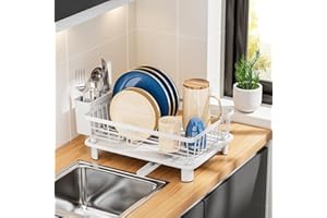 JOUING Scolapiatti da Appoggio Scolapiatti da Lavellocon Drenaggio Automatico Scolapiatti in Metallo con Vassoio Dish Rack con Porta Posate e Portabicchieri (Bianco, Piccolo)