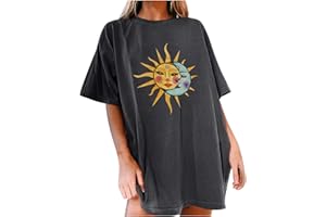 KOMISEUP Oberteile Damen Oversized T-Shirt Sonne Mond Motiv Sportshirt Kurzarm Sport Oberteile Vintage Sweatshirt Rundhals Oberteile Teenager Mädchen Best Friends Lang Top Longshirt