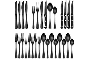 TERLULU Juego de cubiertos para 6 personas, color negro, 36 piezas, acero inoxidable, con cuchillo de carne, juego de cubiertos con cuchillo, tenedor, cuchara, elegante cubertería para restaurante y fiesta,