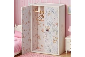 Minamzee 1/12 Dollhouse Wardrobe Closet, Miniature Wooden White Flower Pattern Wardrobe with 3Pcs Clothes Hangers, Magnetic Double Doors Dollshouse Closet for Bedroom Livingroom Furniture Accessory