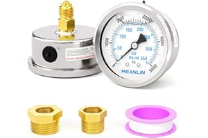 MEANLIN MEASURE 0~350BAR/0~5000PSI Manomètre à liquide, acier inoxydable,cadran de face 1/4"BSP 2.5",montage arrière pour eau,huile et air WOG,avec douille hexagonale 1/4"x 1/2" BSP et 1/4"x 3/8" BSP
