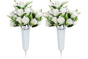 SIFOEL Flores Artificiales Cementerio con florero, Rosas Artificiales Flores conmemorativas para la decoración lápida del Cementerio (White)