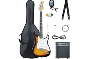 McGrey Rockit ST Komplettset E-Gitarre (8-teiliges Anfängerset mit Gitarre, Verstärker, Ersatzsaiten, Gitarrentasche, Stimmgerät, Plektren, Gurt und Gitarrenkabel) Sunburst