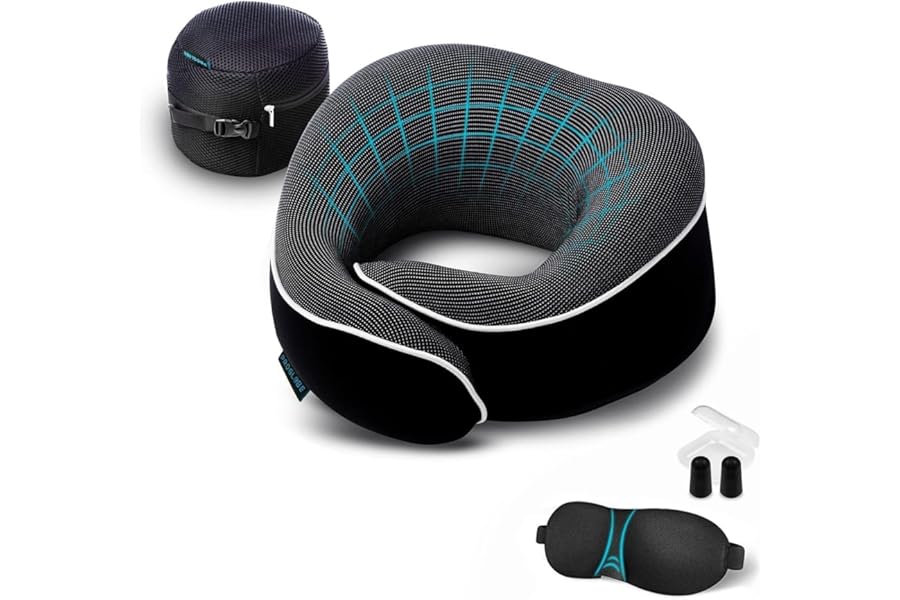 Proglobe Travel Pillow, Memory Foam Neck Pillow Set, Orthopedic Pillow, Travel Essentials for Flying, Kit with 3D Contoured Sleep Mask and Luxury Mesh Bag (Black)