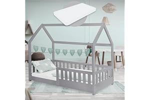 ML DESIGN MODERN LIVING ML-Design Lózeczko dzieciece 80x160 cm jasnoszare z materacem, zabezpieczeniem przed upadkiem, dachem i stelazem z listew, lózko do zabawy z litego drewna, lózko domowe dla dziewczynek/chlopców