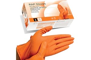 RAP GLOVES RAP Nitrile Work Gloves (50 Pack) – Heavy duty, diamond grip, latex-free, powder-free, non-slip, extra thick – Ideal for mechanics, workshop, and automotive use. (Orange, Large)