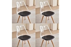 GrandCA HOME Pack 4 Sillas de Comedor con Respaldo Transparente y Patas de Madera, Sillas Tapizadas Sillas Nórdicas para Cocina Comedor (Negro/Cuero)