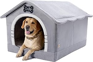 Jiupety Hundehöhle Hundehütte Indoor mit Rahmen, Gemütliche Hundehaus für Drinnen, Hundebett mit Dach für 23-41 kg, 3XL Größe 97x76x71 cm, Grey