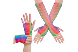 Yolev 2 Pairs Fingerless Fishnet Gloves Rainbow Mesh Fishnet Gloves 80s 90s Party Cosplay Costume Accessories for Women