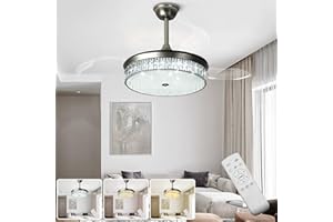 Depuley Retractable Crystal Ceiling Fans with Lights,42 Inch Modern Bladeless LED Ceiling Fan Lights with Remote,Smart Reversible Ceiling Fans with Lamps for Bedroom Living Room,3000K-6000K, Silver